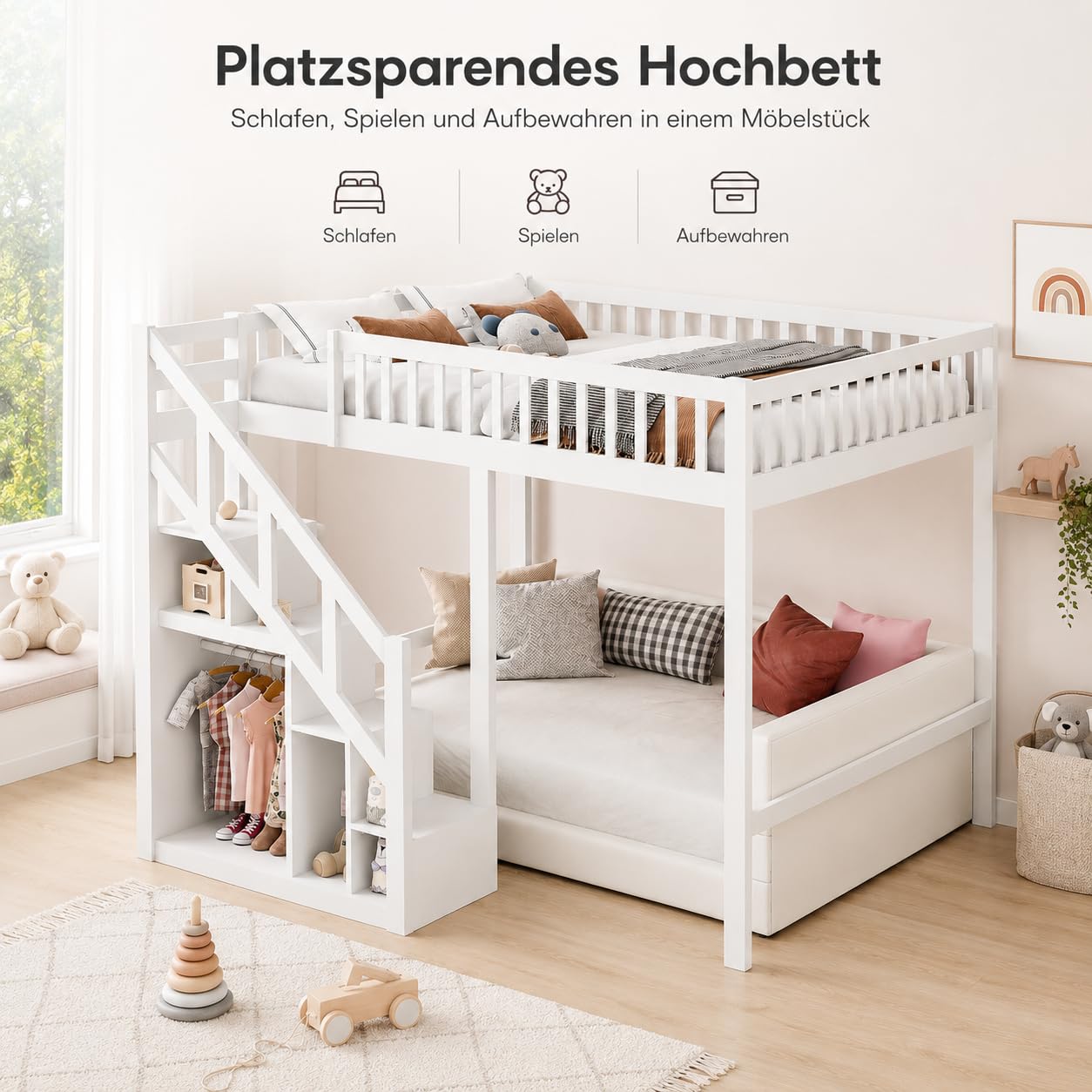 Etagenbett 90x200 cm für Kinder, Hochbett mit Treppe & Aufbewahrungsschrank, Massivholz, ohne Matratze