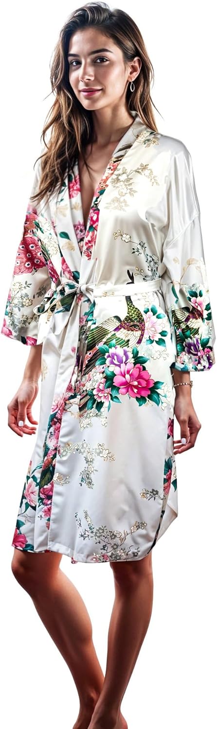 CCcollections Long Kimono Robe for Women, Premium Lightweight Peacock Bridesmaid Robe, Bridal Shower, Birthday Women’s Gift