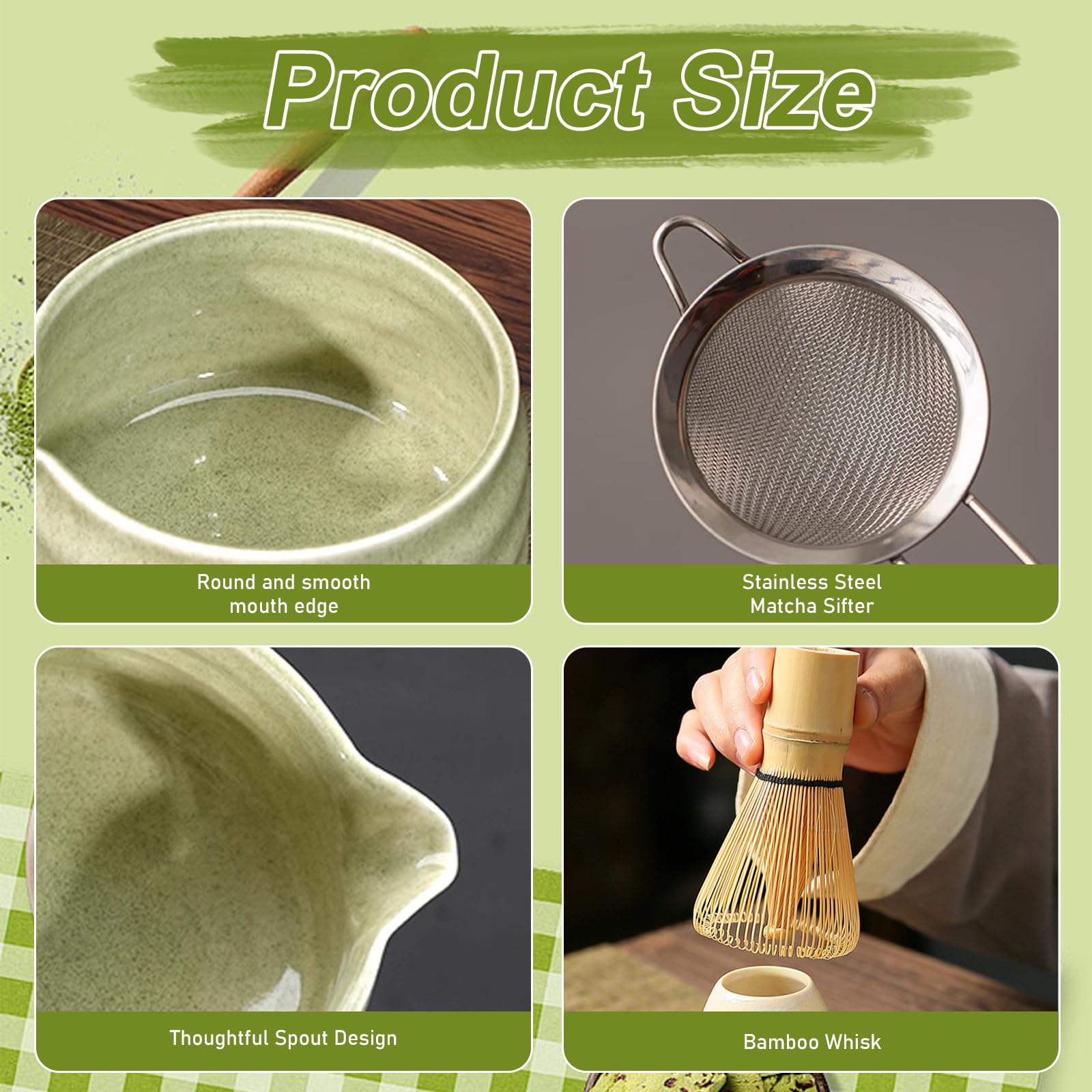 6-teiliges Japanisches Matcha Set, Matcha-Schale mit Ausgießer, Matcha-Besen Filtersieb Löffel Besenhalter & mehr, Stilvolles Tee-Set für Einsteiger & Matcha-Liebhaber (Matcha)