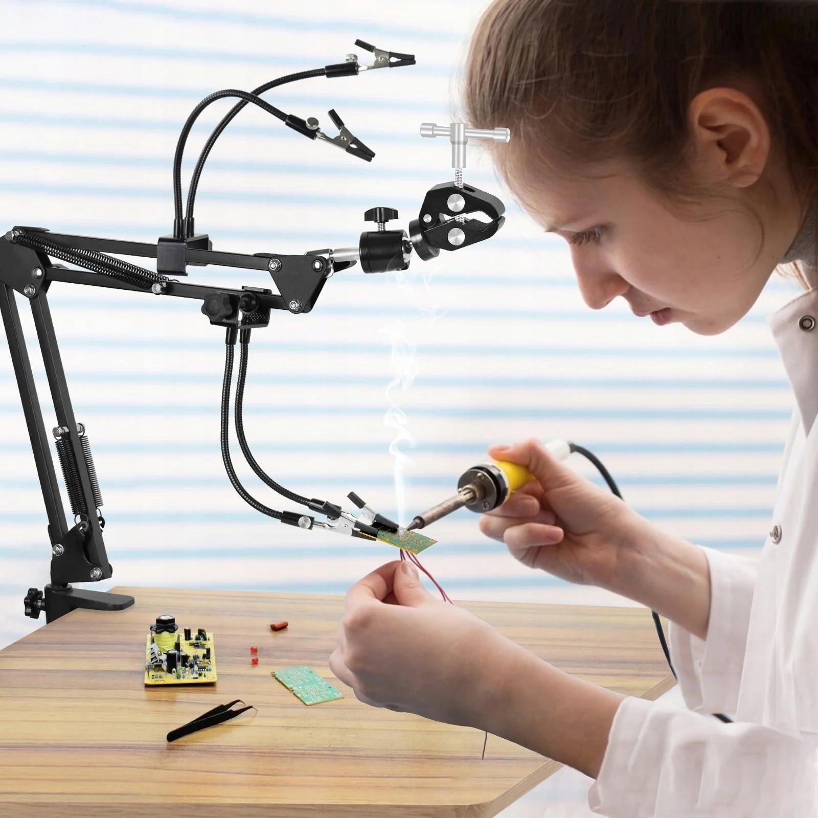 Rosfix Tercera mano universal con 4 pinzas de cocodrilo, brazo de codo, abrazaderas ajustables, trabajo de precisión, soldadura, accesorios electrónicos