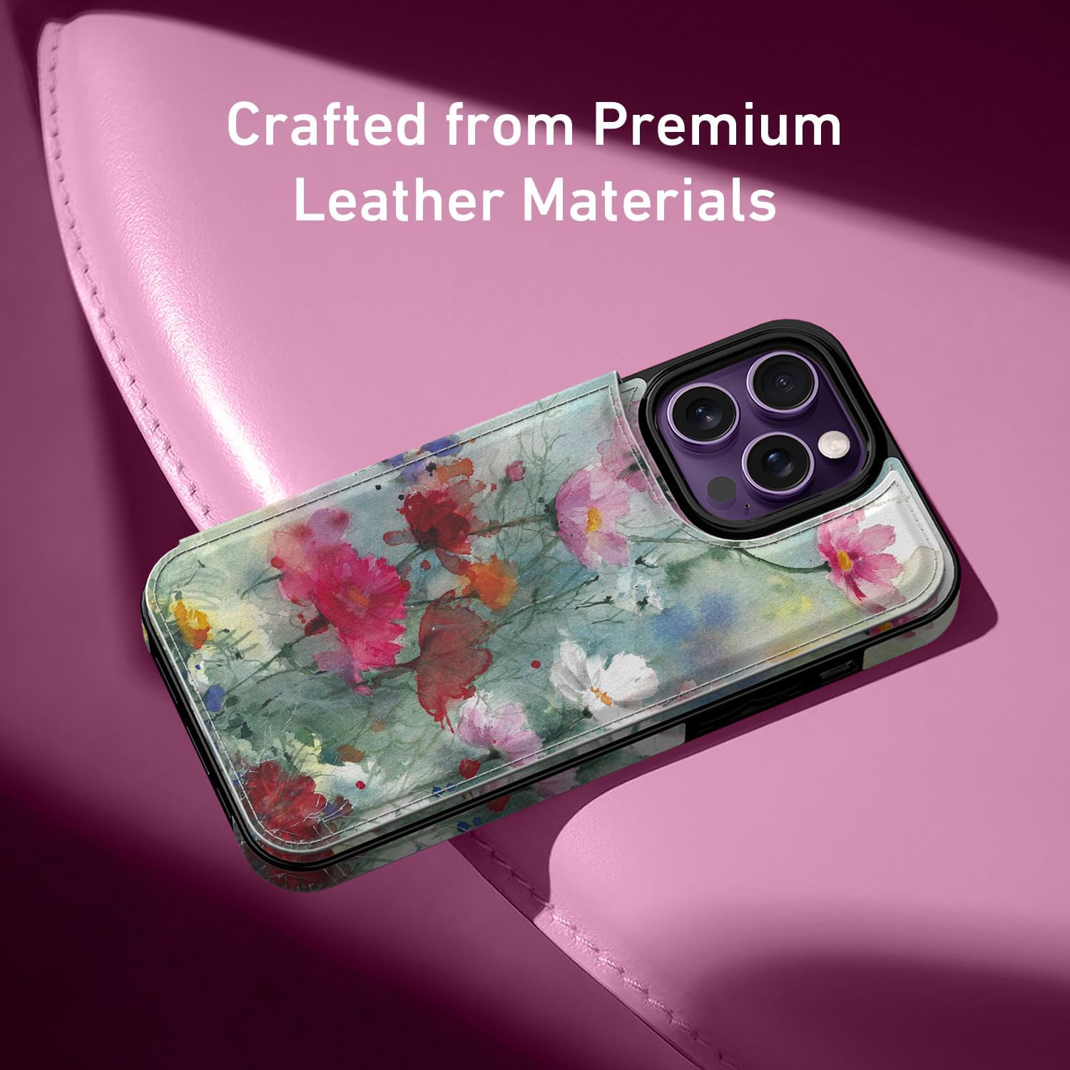 FUNMIKO for iPhone 14 Pro Wallet Case with Card Holder, RFID-Blocking, Military-Grade Drop Protection & Floral Animal Design, Magnetic Closure with Leather Kickstand - Dreamy Flowers - Image 4