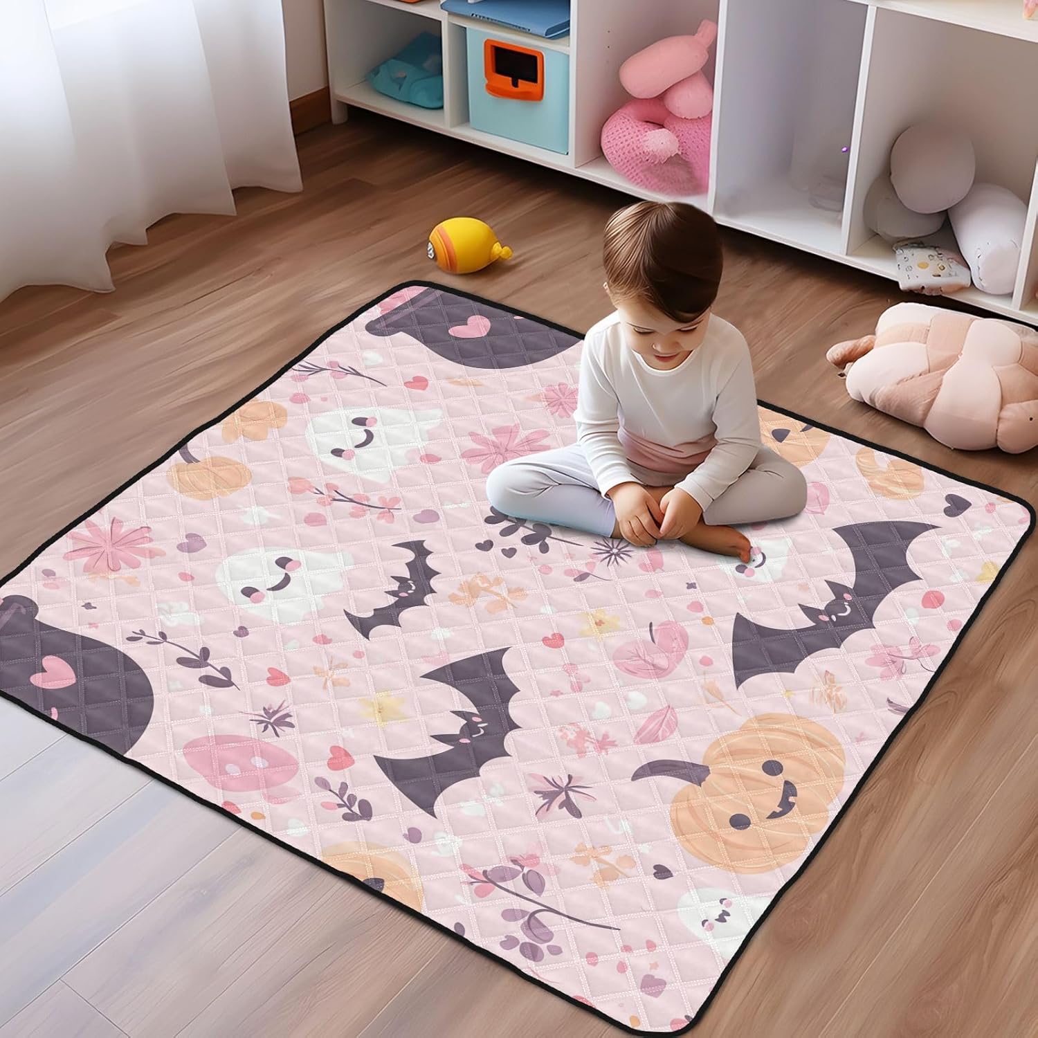 Ghost and Halloween Pumpkin Baby Play Mat, 50“ X 50” Washable Folding Crawling Mat, Baby Floor Mat, Soft, Non-Slip