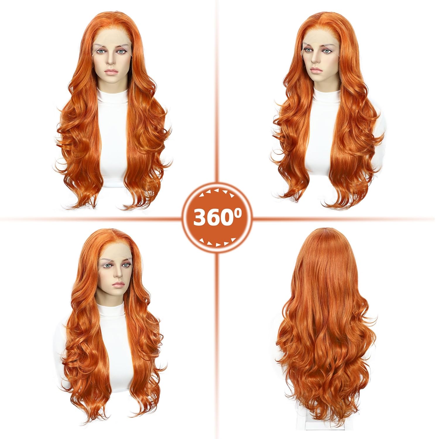 Ginger Orange Lace Front Wig Pre Plucked 13x3 Long Ginger Wavy Synthetic Wig for Women 26 Inch Natural Looking Heat Resistant Fiber Daily Party Use