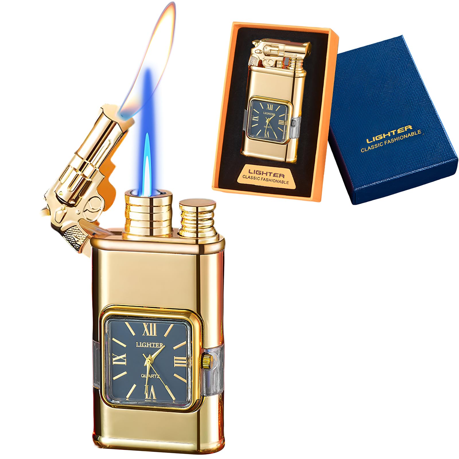 Torch Dual Flame Lighter With Cool Design, Windproof With Visible Fuel Tank, Adjustable Flame Refillable Butane for Men Women Friends Gifts (Without Butane) - Gold-g