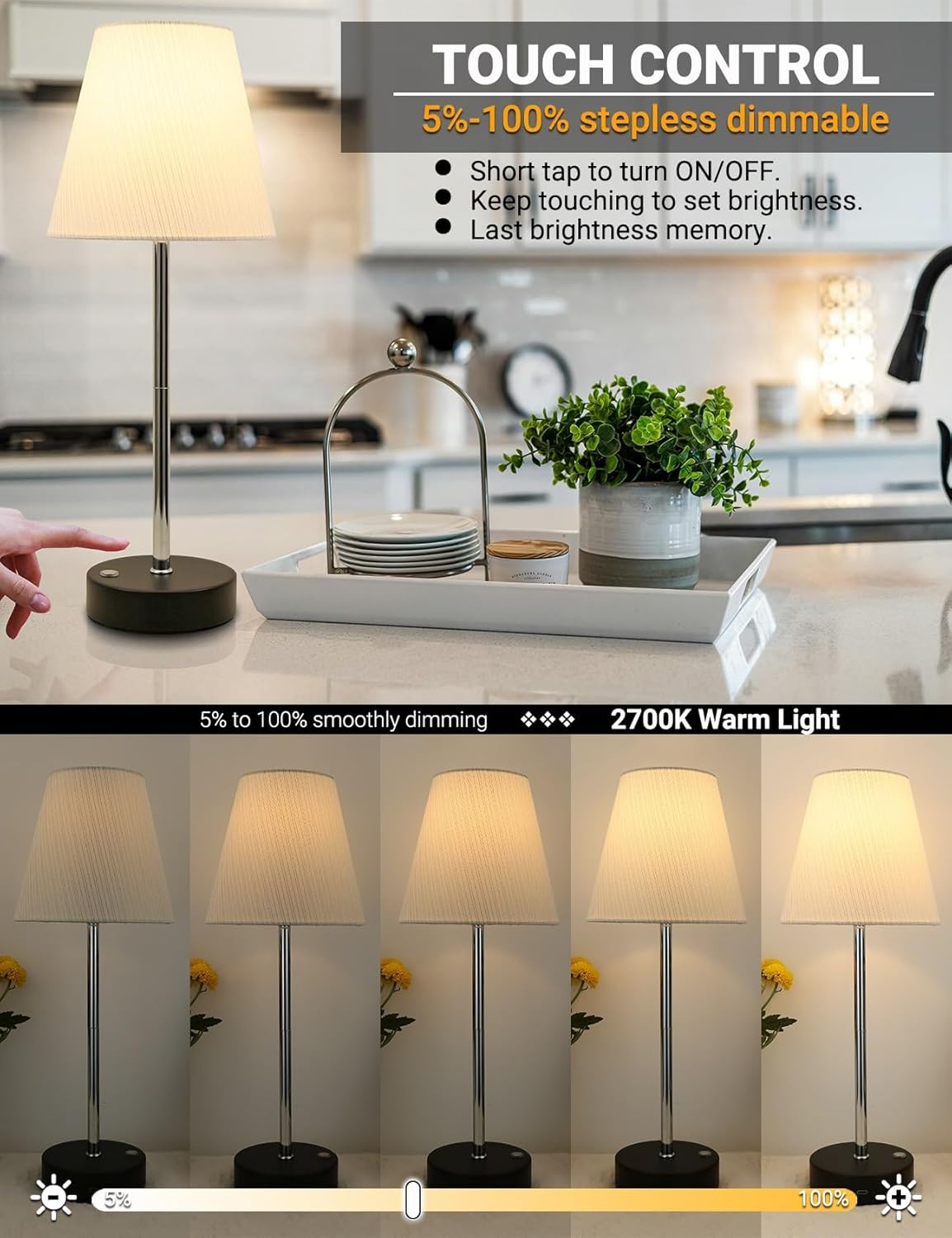 Cordless Lamp, 15'' Small Rechargeable Table Lamps 5000mAh Touch Control Brightness Stepless Dimmable Battery Operated Mini Fabric Shade Lamps for Living Room Dining Kitchen Counter Bedside Xmas Gift