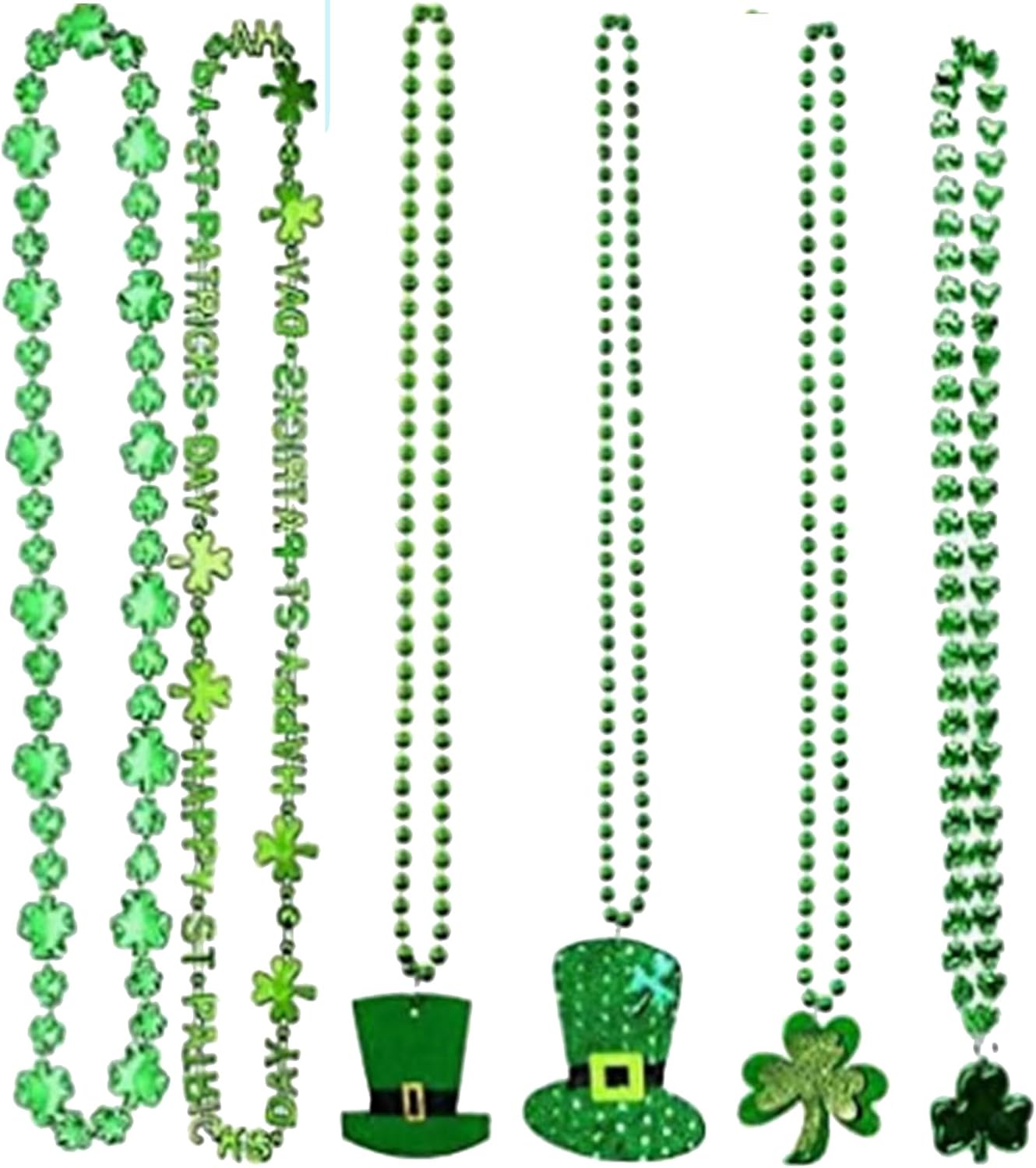 Pack of 6 St. Patrick's Day Shamrock Necklace Clover Green Bead Party Favors Irish Beer Decor Metallic Green 33in - Image 4