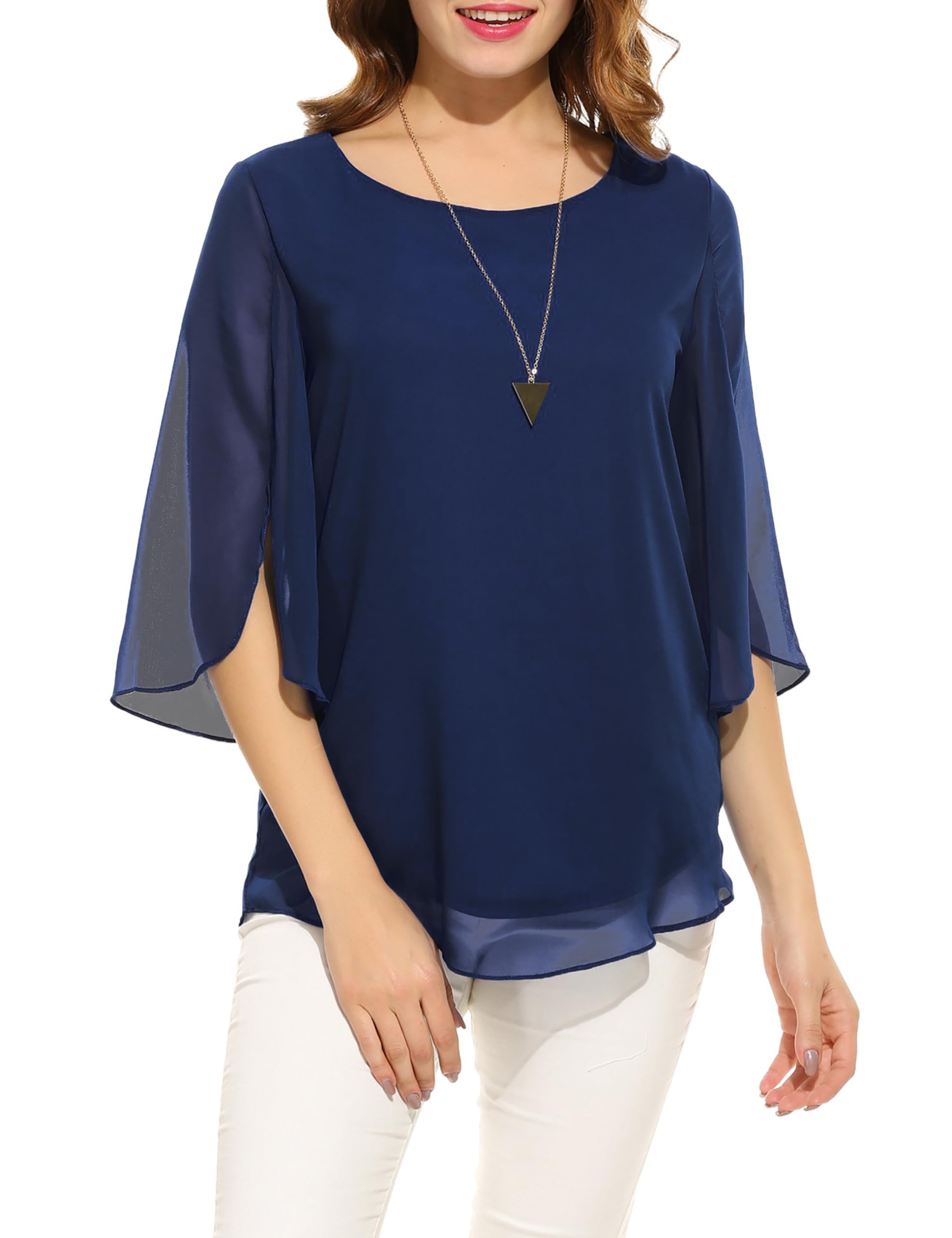 Timuspo Damen Chiffon Tunika Lässig Rundkragen Große Größen Halbärmel Bluse Top Sommer Loose Fit