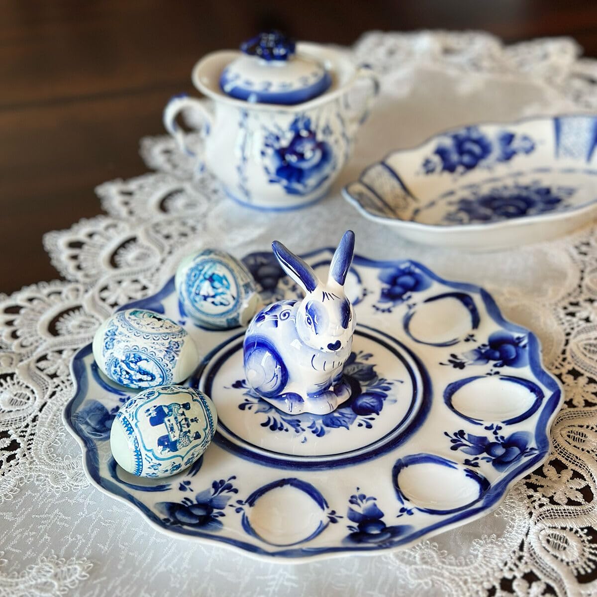 Decorative Egg Keeper Easter Egg Dish. Blue&White Porcelain. Gzhel Easter Decor for The Home Egg Holder
