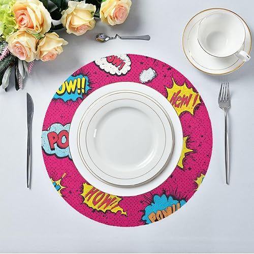 Miniatura 5 de Pop Art Graffti Pow placemats Round Washable Kids Reusable placemat Set of 4 15x15 in manteles para mesa de comedor