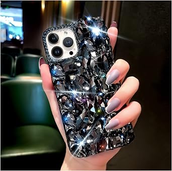 for iPhone 14 Pro Max Case for Women,Shiny Luxury Bling Phone Case with 3D Glitter Sparkle Crystal Rhinestone Diamond Gems on Hard Reflective PC Back,Soft TPU Bumper Cover Girly GirlBlack
