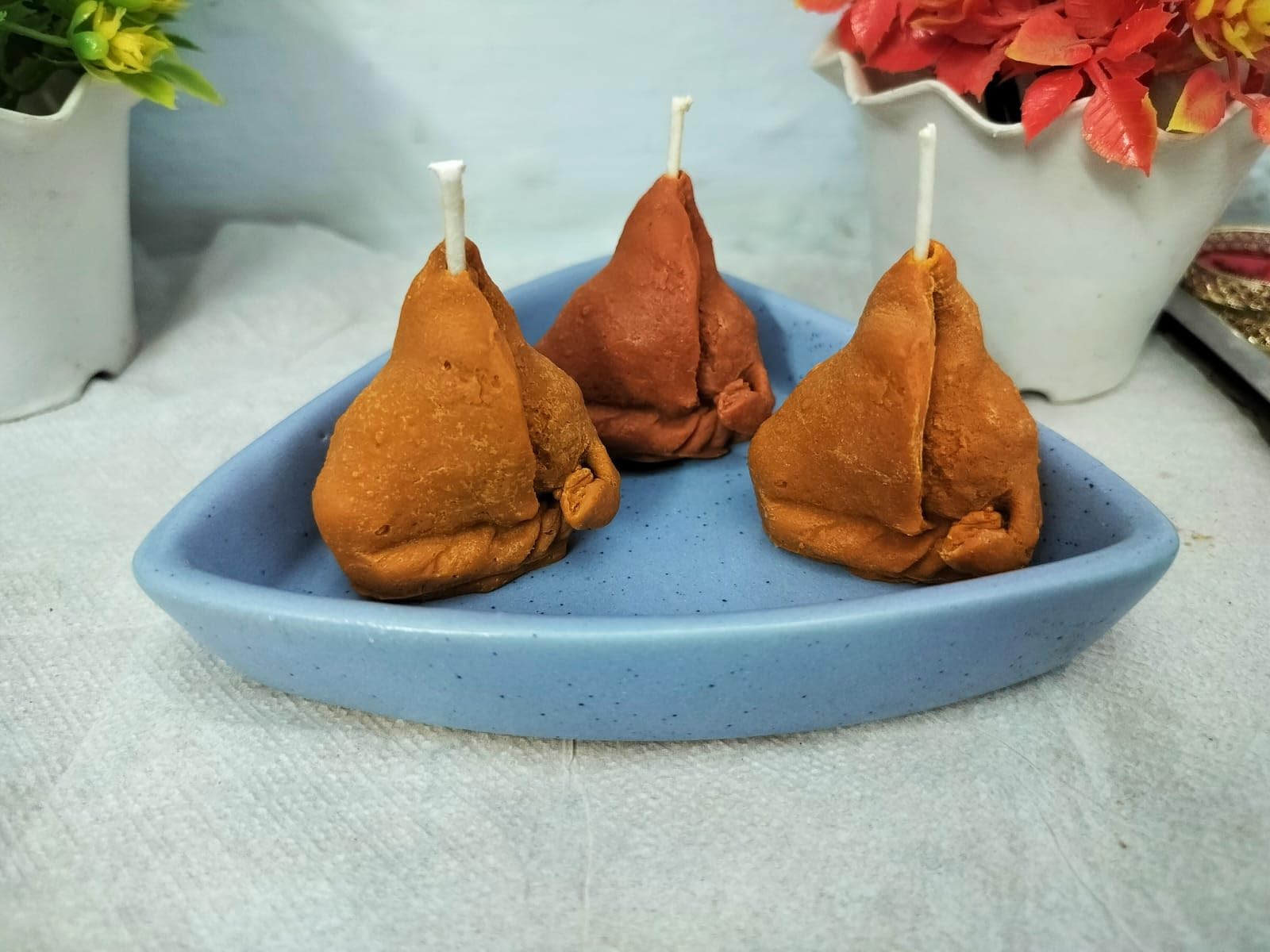 Apeksha's Art & Craft Handmade Pure Soy Wax Designer Deliciously Samosa Diyas | Candles for Festival Home Decoratio(Brown) Set of 4