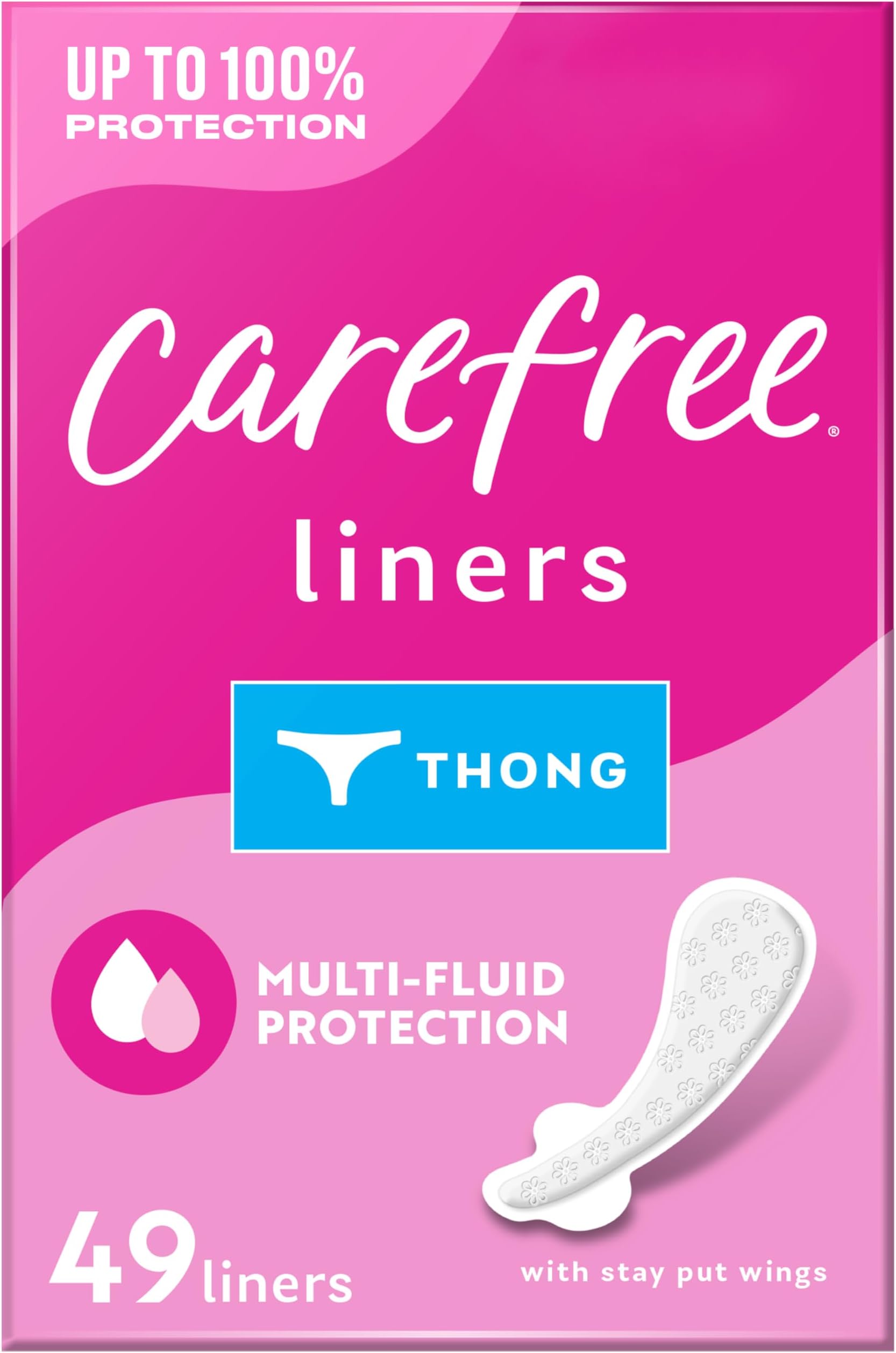 Carefree Panty Liners for Women, Thong Liners, Unwrapped, Unscented, 49ct