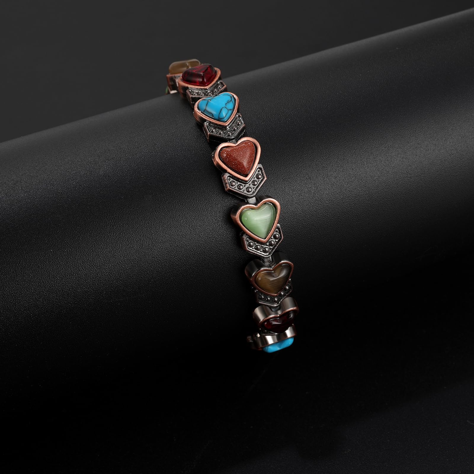 JewelryWe Kupfer Magnetarmband mit Türkis für Damen, Antik Magnetisch Kupferarmband Herz Sechseck Rechteck Link Verstellbares Armband mit Gauss Magneten reines Kupferschmuck für Frau Mutter