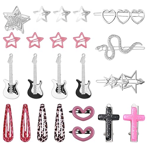 FRIUSATE Juego de 22 pinzas para el cabello rosa Y2k Kawaii, clip de cabello con cruz de estrella de amor, accesorios hechos a mano, dije de
