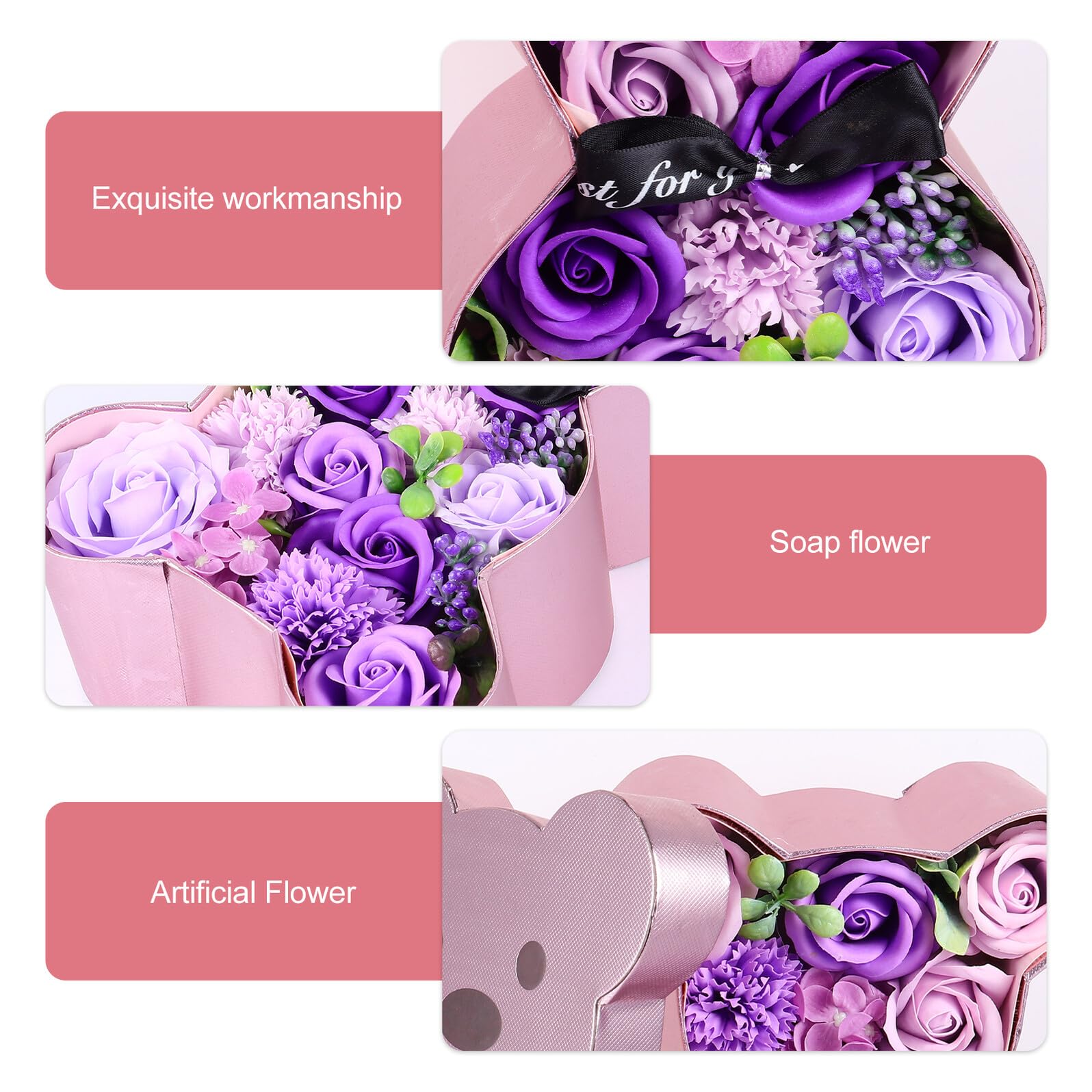 NUOBESTY Coffret Présent Roses Savonnées Ours en Fleurs Parfumées Violet Décoration Romantique pour Mariage et Saint Valentin pour Petite Amie – Boîte à Roses Artificielles Solide et