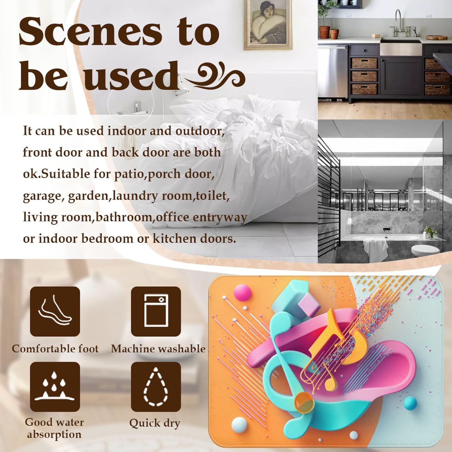 Colorful Musical Note 2x3 Feet Rug Washable, Music Theme, Suitable for Bedroom Living Room, Watercolor Home Decoration, Soft Low Pile Non-Slip Indoor