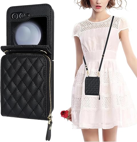 KIHUWEY Funda tipo cartera para Samsung Galaxy Z Flip 5, bolso cruzado con cremallera con ranura para tarjeta de crédito, bloqueo RFID, correa
