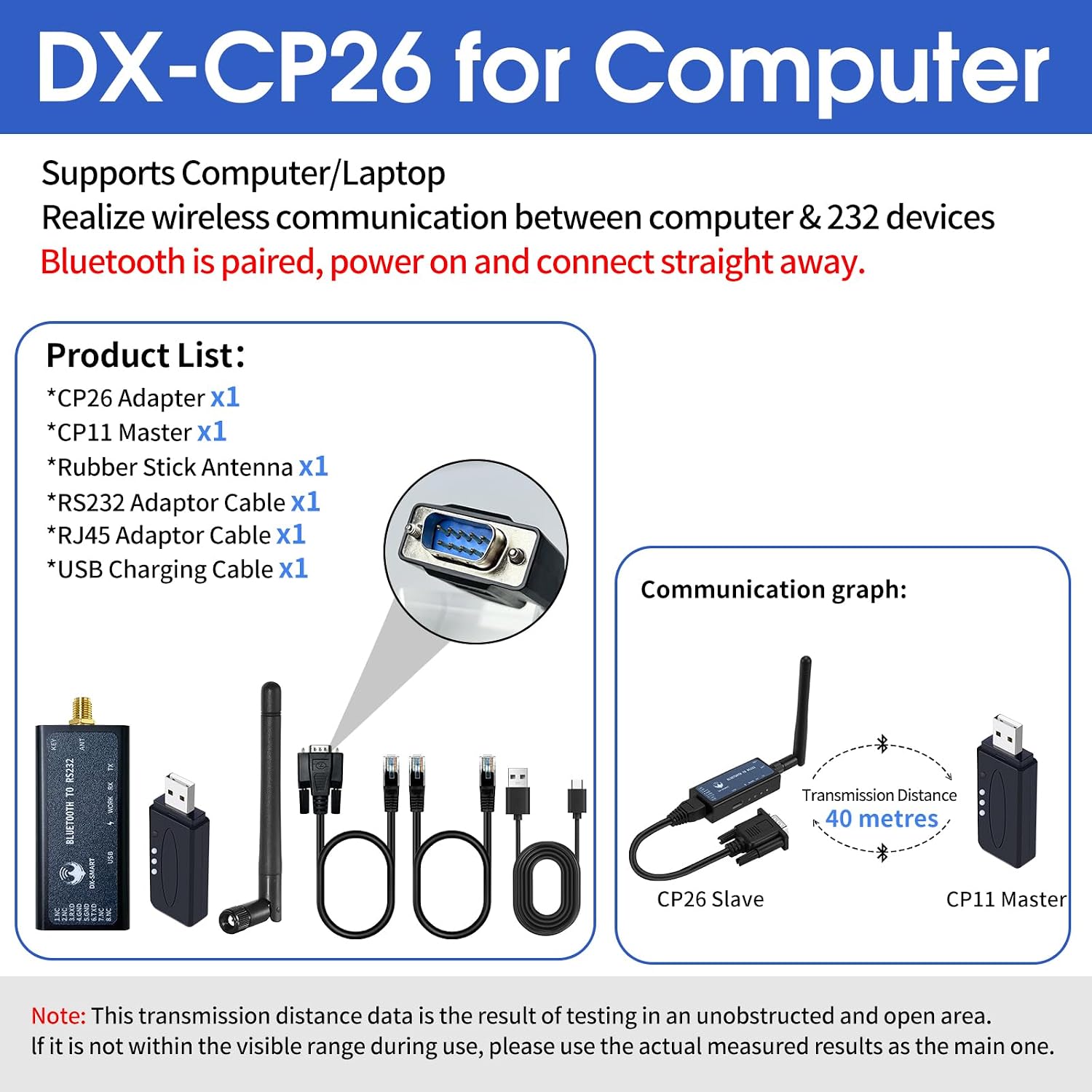 DX-CP26 RS232 to Bluetooth Wireless Serial Adaper Converter Support iOS Android Windows Support DB9 RJ45 Interface Built-in Rechargeable Lithium Battery (CP26 for PC)