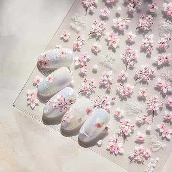 1 Sheets 5D Embossed Flower Nail Stickers for Nail Art Self Adhesive White Pink Floral Nail Decals Spring Summer Sakura Nail Art Stickers Flowers Nail Design Stickers Nail Supplies for Women Girl