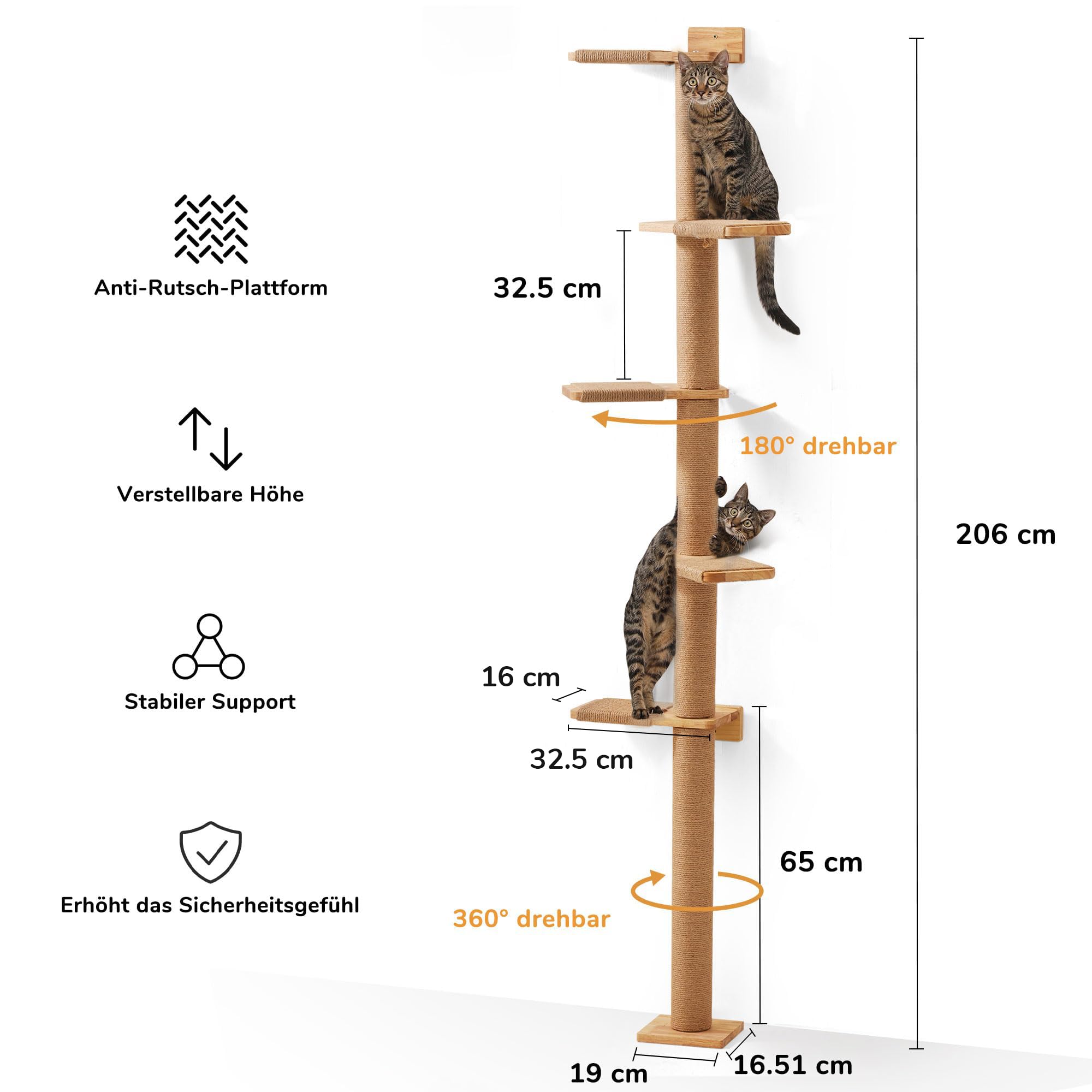 FUKUMARU Kratzbaum, 5 Etagen bis zur Decke reichender Katzenturm(206 cm), wandmontierter Katzenbaum,aus Natürliches Gummibaumholz, für Katzen zum Klettern, Kratzen, Ausschau halten und Spielen.