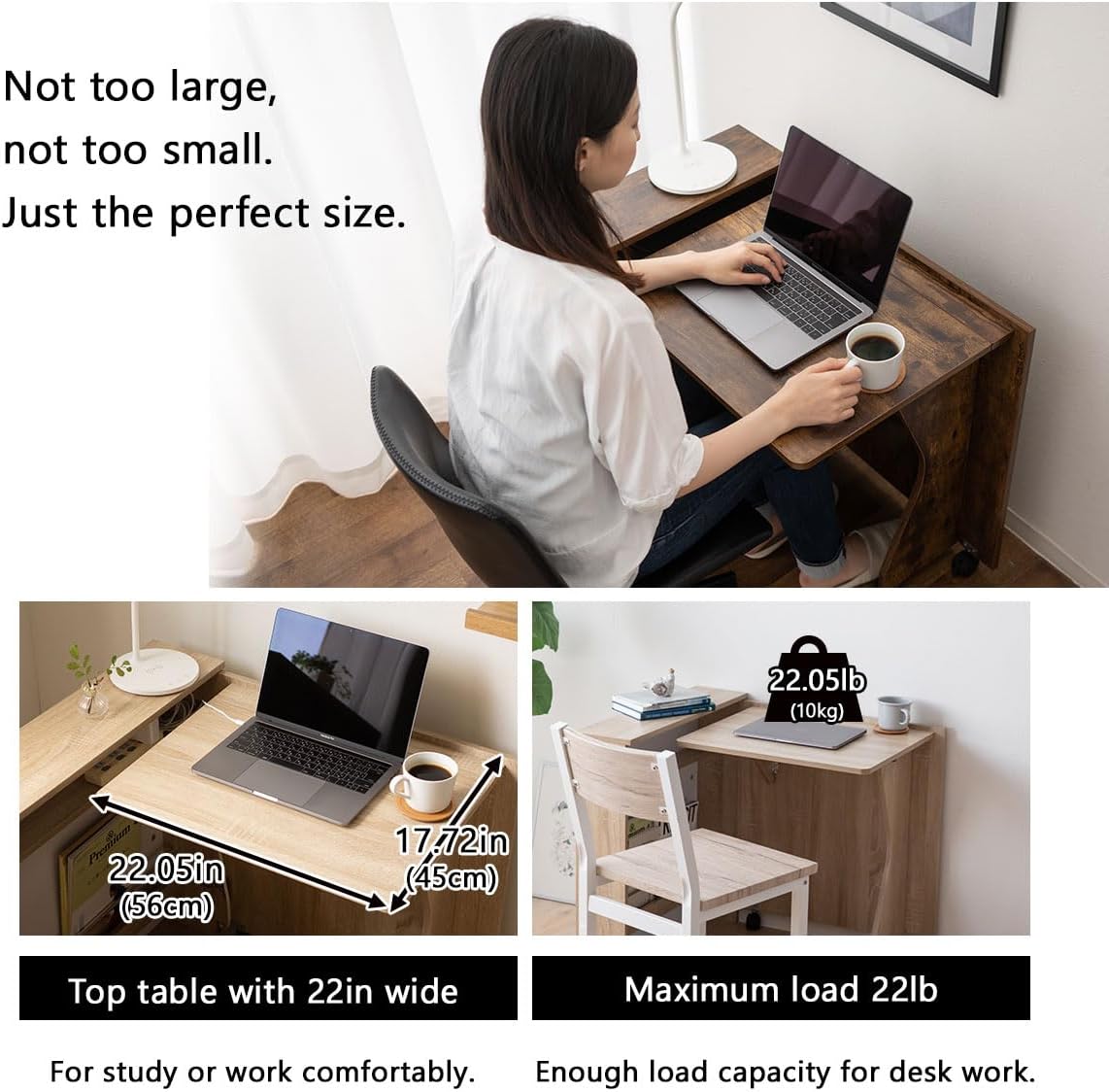 Diagram showing detailed dimensions of the EMOOR Folding Desk in both folded and open states
