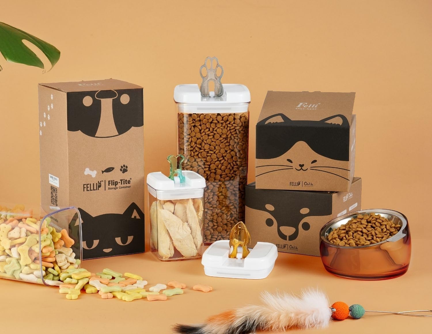 Felli Flip Tite Pet Food Container with Airtight Lids, BPA FREE Acrylic Canister with Paw Bone Fish Flip Top Handles for Cat Dog Kibble Treats Storage, Keep Fresh (Pet Collection Nest-L3pk)