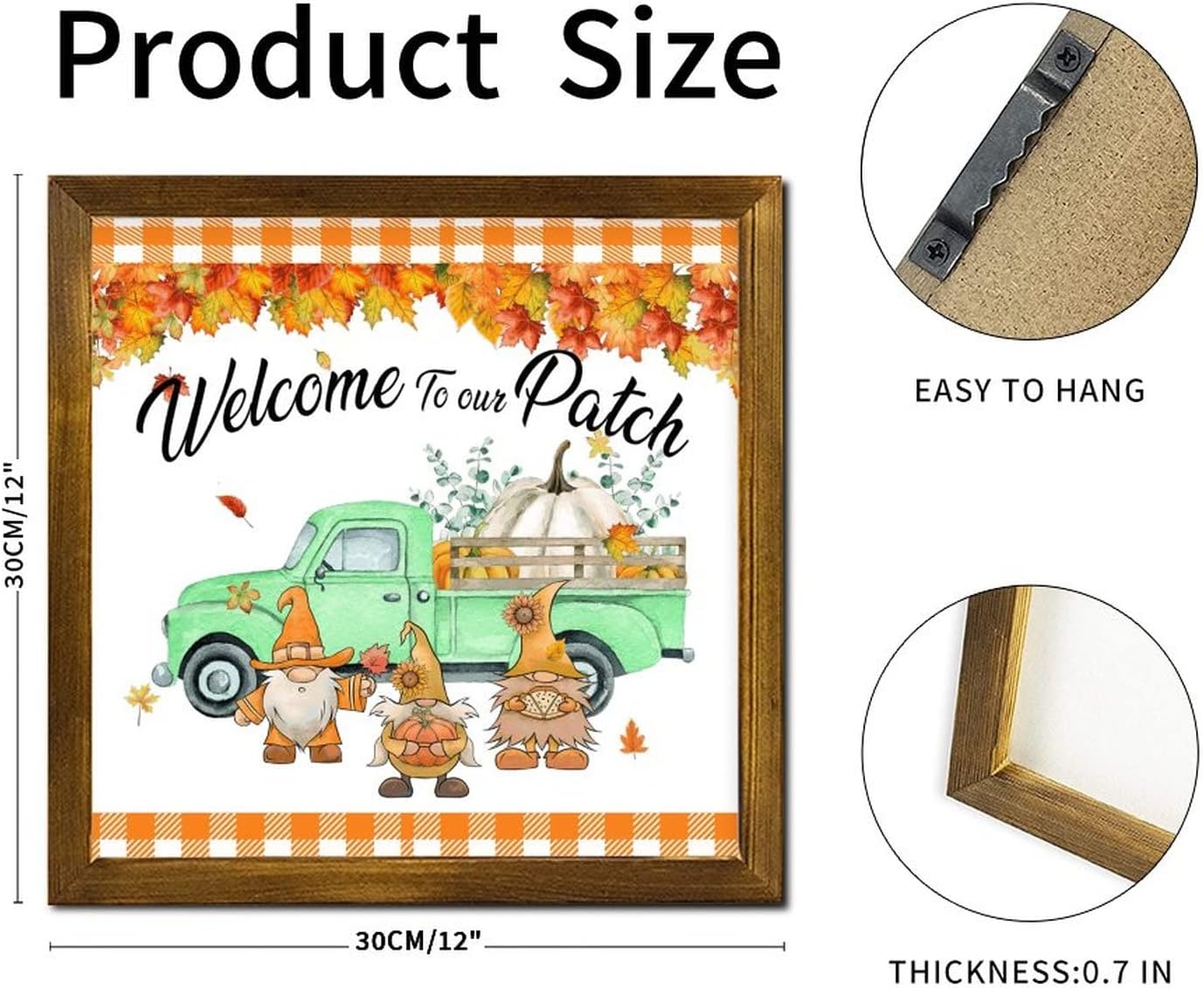 Welcome to Our Patch Green Truck Framed Wooden Sign Gnome Pumpkin Sunflower Maple Leaves Wooden Wall Hangings Vintage Autumn Harvest Hanging Wall Signs Decorative for Home Restroom Toilet 12x12 inch