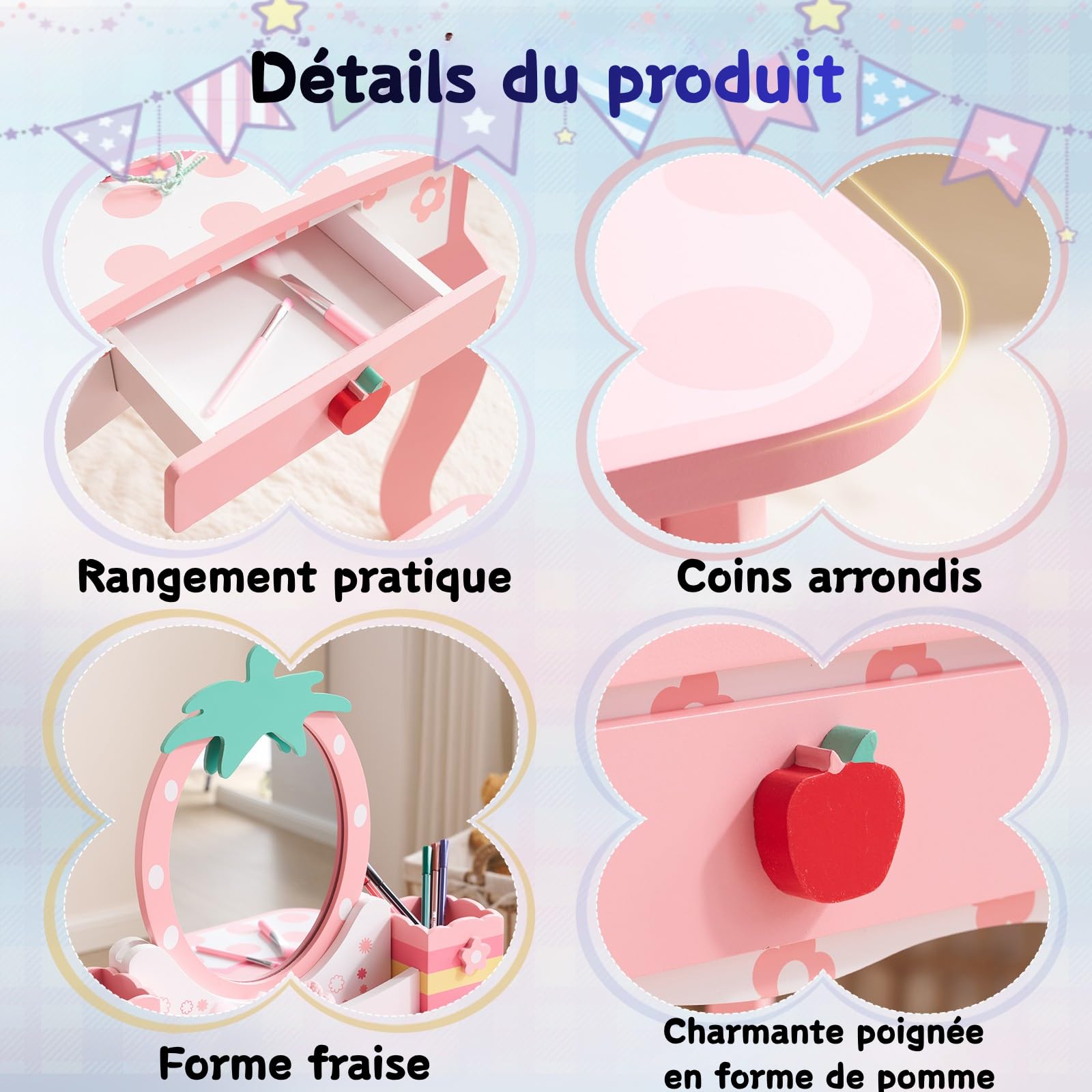LEADZM Coiffeuse pour Enfants avec Miroir à Trois Volets, Coiffeuse Fille avec Imprimé Fruit Mignon & Tabouret, Table de Maquillage Princesse, pour 3 Ans+ (Rose)