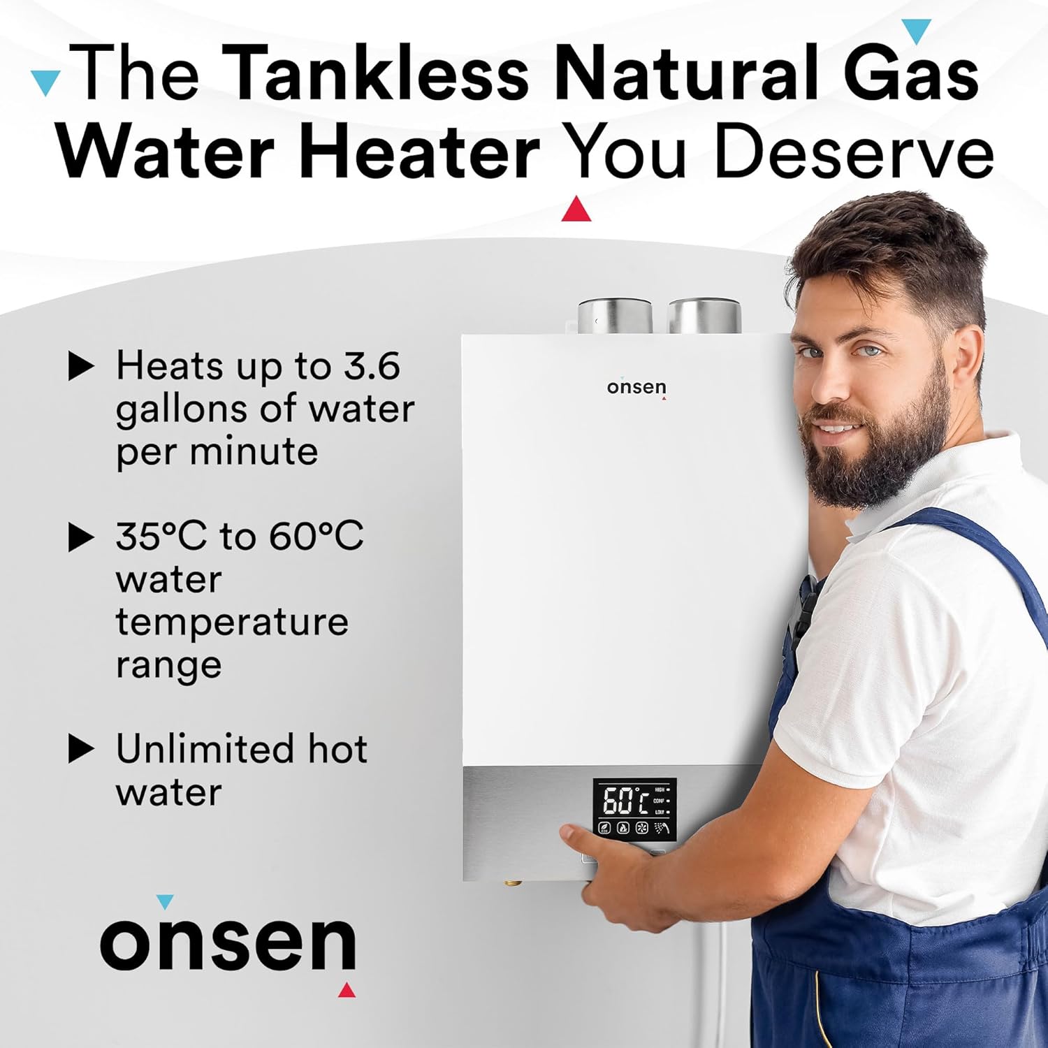 Onsen - 14L Direct Vent Tankless Natural Gas Water Heater - Electronic Ignition - Hot Water On Demand - For Indoor Residential Tiny Home Use - With LED Screen & Display Panel - 120v