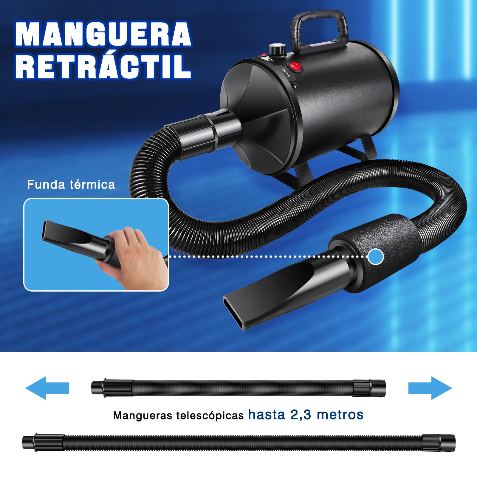 2800W Secador de pelo para mascotasSecador de pelo de bajo nivel de ruido, velocidad continua, temperatura ajustable, 2,5 m de manguera flexible con 4 boquillas