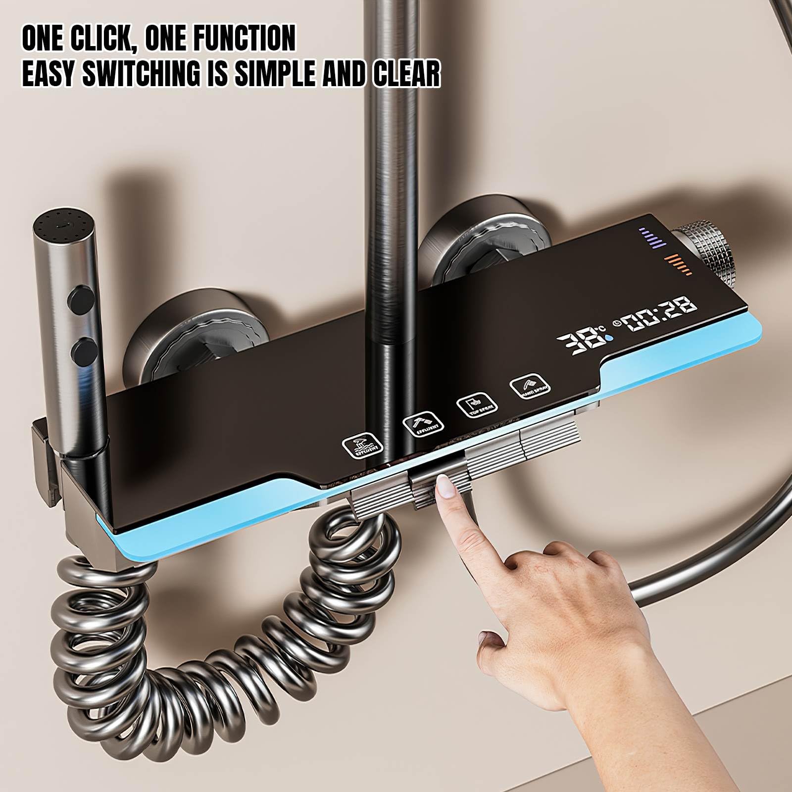 Columna Ducha Termostatica con Pantalla Digital,Duchas de Baño,Pantalla LED Integrada,4 Modos de Agua, Altura Regulable,Teclas Piano,Instalación muy Sencilla. (Gris B)