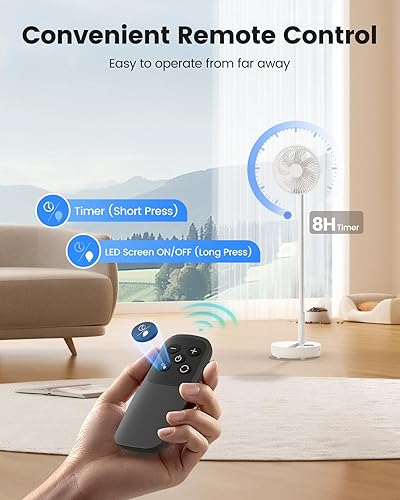 Miniatura 6 de Ventilador oscilante portátil de 8 pulgadas, ventilador de pedestal recargable de 8000 mAh con control remoto, ventilador de viaje silencioso