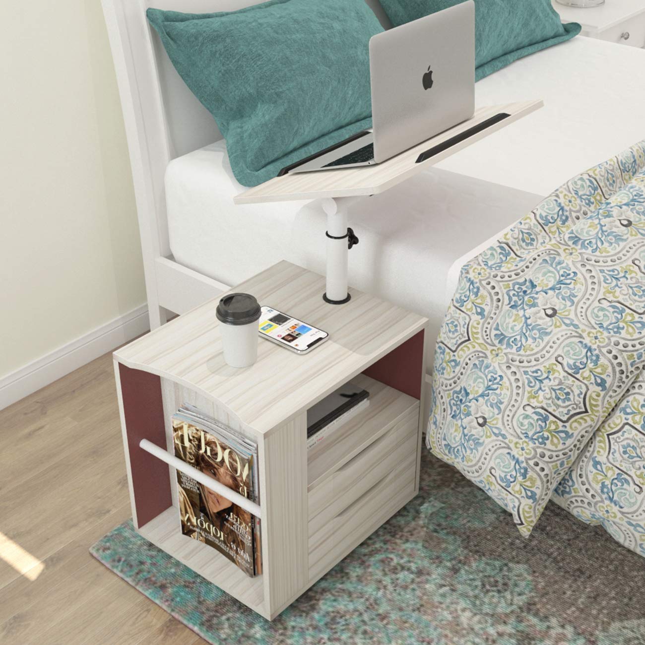 SogesHome Comodino regolabile in altezza per camera da letto cassettiera con cassetto con ripiano orientabile ruote universali richiudibili