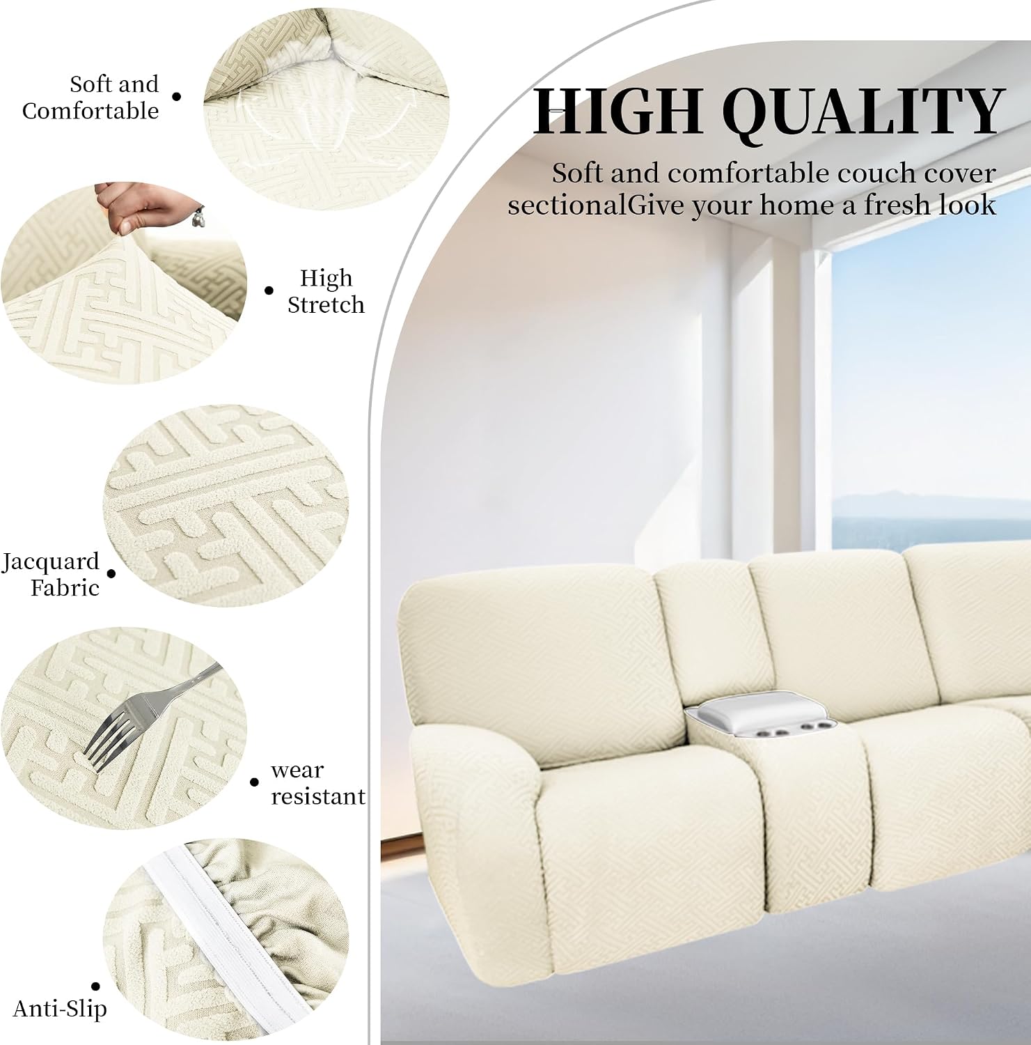 100% Waterproof Sectional Recliner Couch Covers for Reclining Couch L Shaped Corner Sectional Sofa Cover Jacquard Stretch L Shape Recliner Slipcovers (5 Seater 2 Console Cover, Pale Beige)