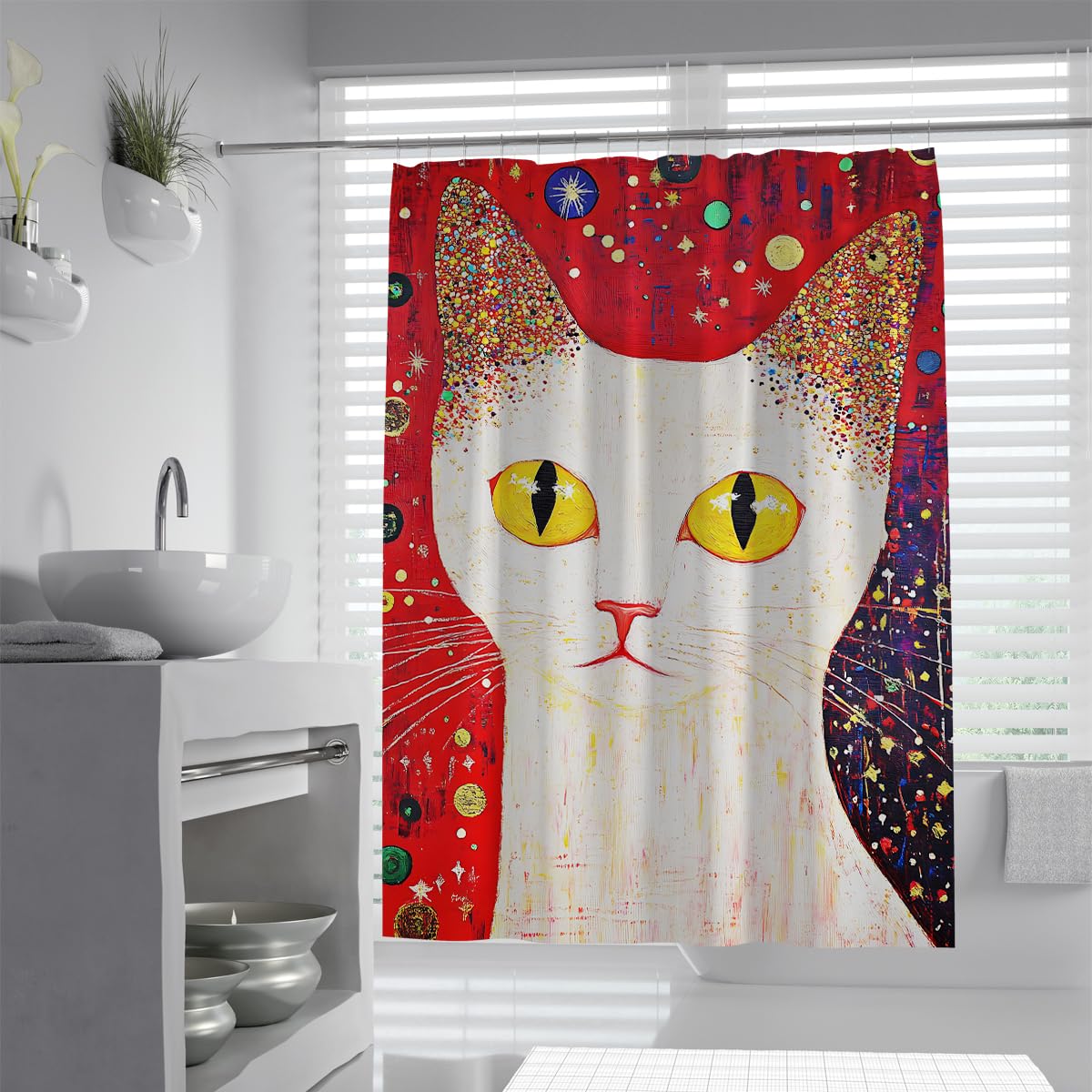 UIRINGART Feline Shower Curtains W180xL220cm Abstract White Cat Yellow Eyes Red Colorful Starry Sky Background Waterproof Mould Resistant Washable Fabric Bath Curtain Bathroom Decoration with Hooks