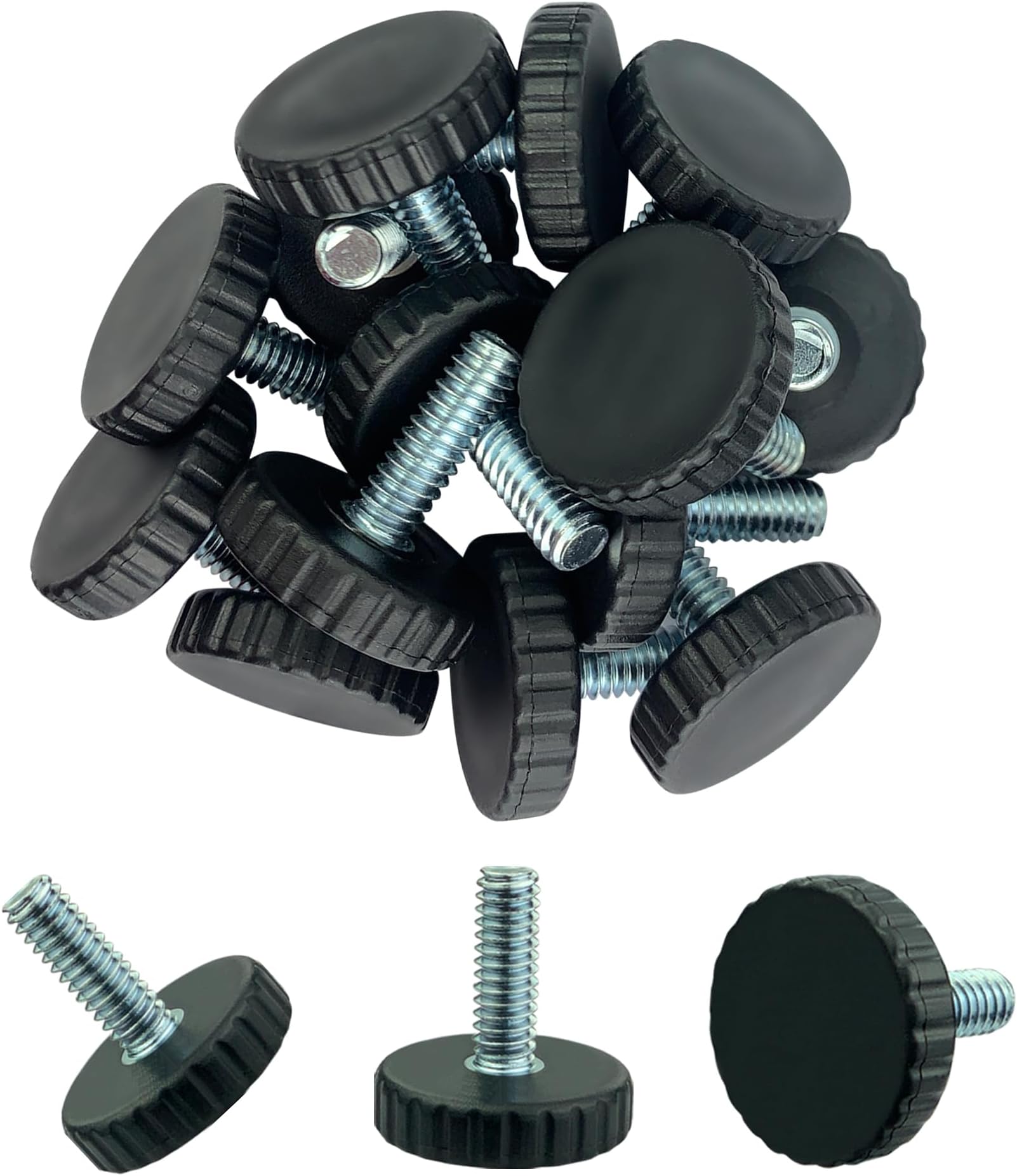 1/4" Threaded Table/Chair/Furniture Feet Levelers Screw in Threaded (12 Pack) Adjustable Leveling Foot Pads Glides Screw on for Bar Stool/Bench/Bed/Cabinet/Desk/Dresser/Wood Legs(Black,Nylon,1/4-20)