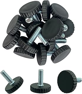 1/4" Threaded Table/Chair/Furniture Feet Levelers Screw in Threaded (12 Pack) Adjustable Leveling Foot Pads Glides Screw on for Bar Stool/Bench/Bed/Cabinet/Desk/Dresser/Wood Legs(Black,Nylon,1/4-20)