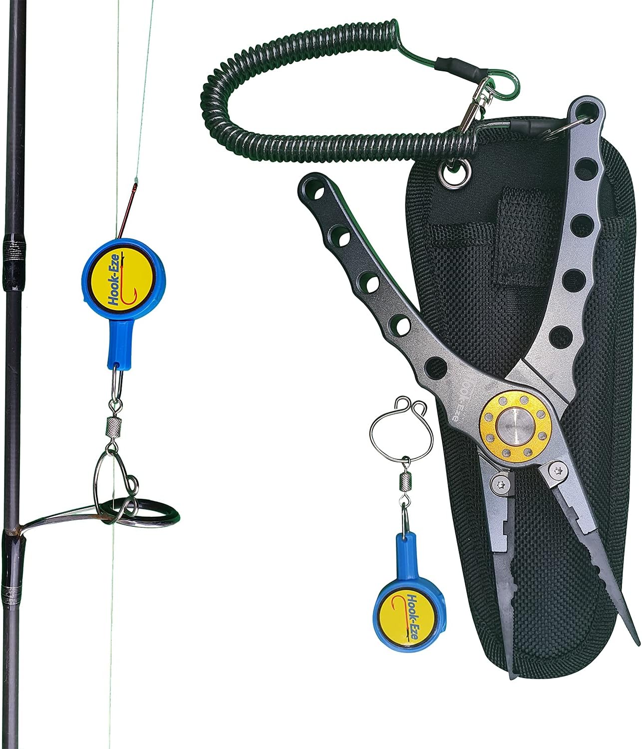 HOOK-EZE Grey Aluminum Fishing Pliers and Standard Blue Knot Tying Tool - Hook Remover and Split Ring with Coiled Lanyard - Multifunctional Cutter and Tool - Saltwater Freshwater Fly Fishing