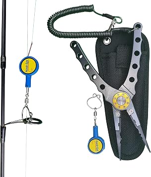 HOOK-EZE Grey Aluminum Fishing Pliers and Standard Blue Knot Tying Tool - Hook Remover and Split Ring with Coiled Lanyard - Multifunctional Cutter and Tool - Saltwater Freshwater Fly Fishing