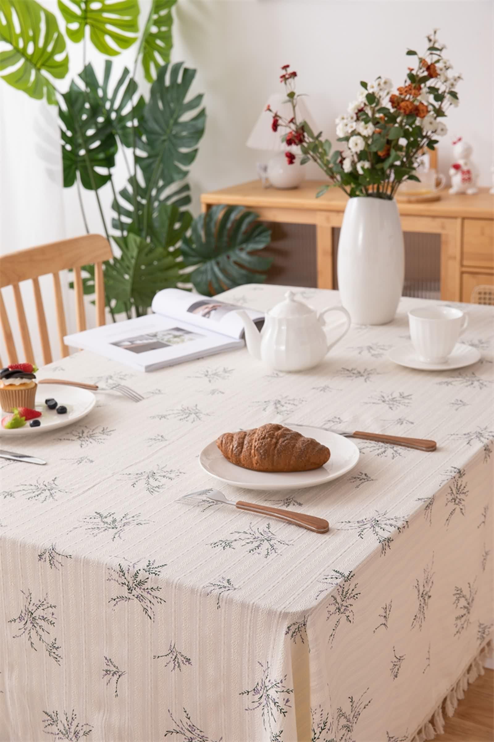 Tovaglia Tavolo Rettangolare Cotone, Tovaglia Elegante Battesimo Beige Fiore Ricamato Copri Tavolo 120X180CM per Soggiorno Cucina