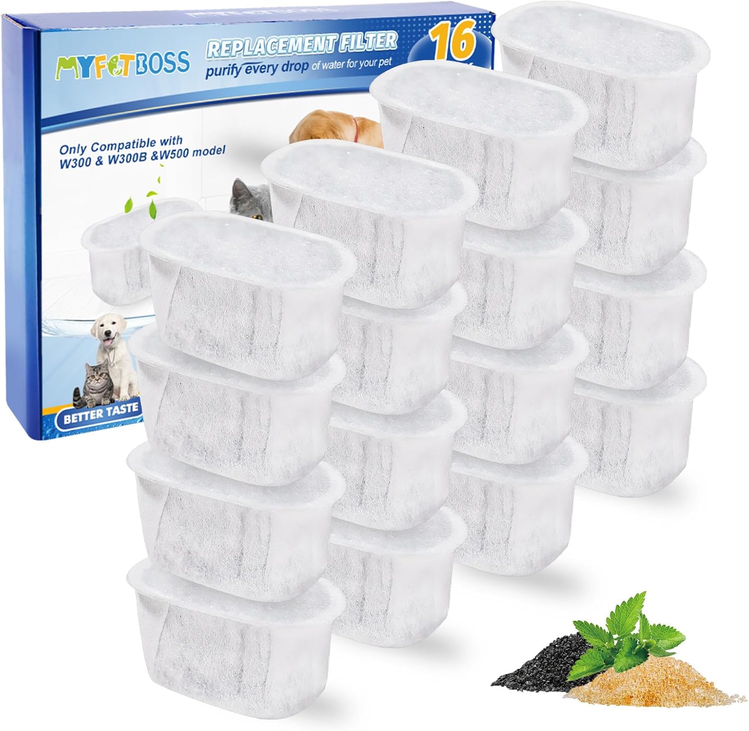 MyfatBOSS 16 Pack Cat Water Fountain Filter for W300&W300B&W500 True Filtering Cat