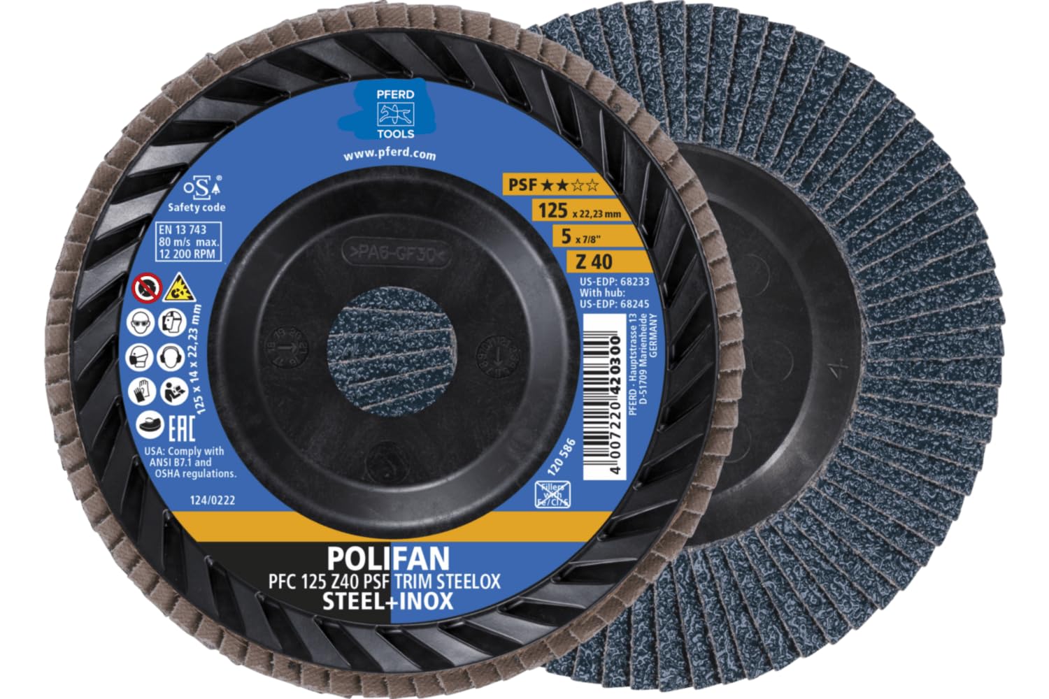 PFERD Polifan - Disco de corte para amoladora angular (125 mm, corindón de circonio Z40, PSF TRIM STEELOX para acero y acero inoxidable (INOX), forma PFC/B/T29, diámetro de 22,23 mm, diámetro de 22,23