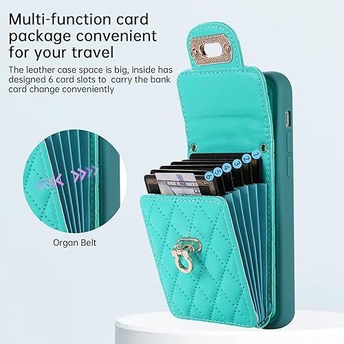 Miniatura 3 de KUDEX Funda cruzada para iPhone 14, funda protectora de cuero de lujo con correa de cordón extraíble, tarjetero con soporte para tarjeta de crédito
