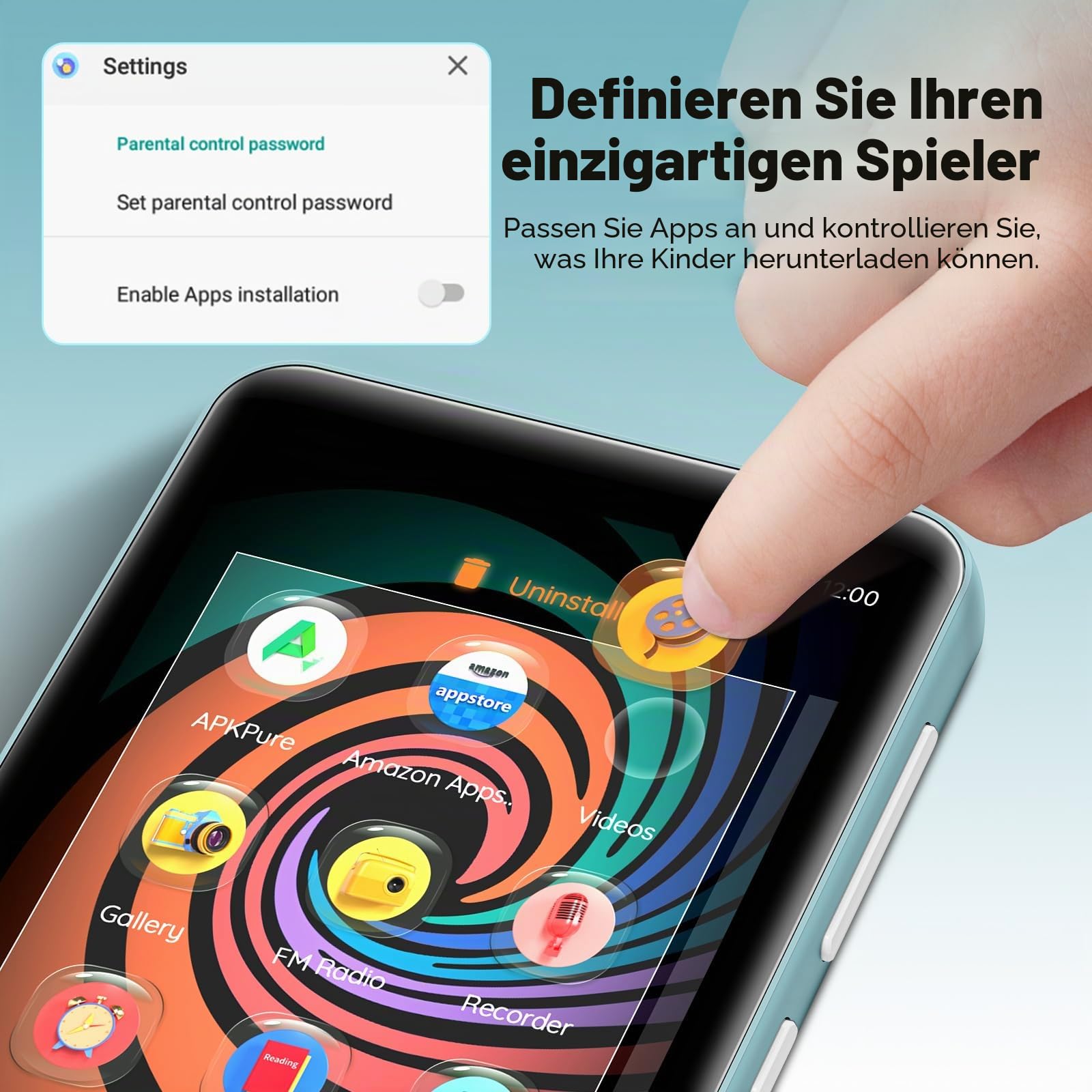 160GB MP3 Player mit Bluetooth und WiFi, innioasis Musik Player mit Spotify, Amazon Music, 4" Touchscreen Android MP4 MP3 Player für Kinder, Audible, Spotify Kinder Hellblau-Weiß