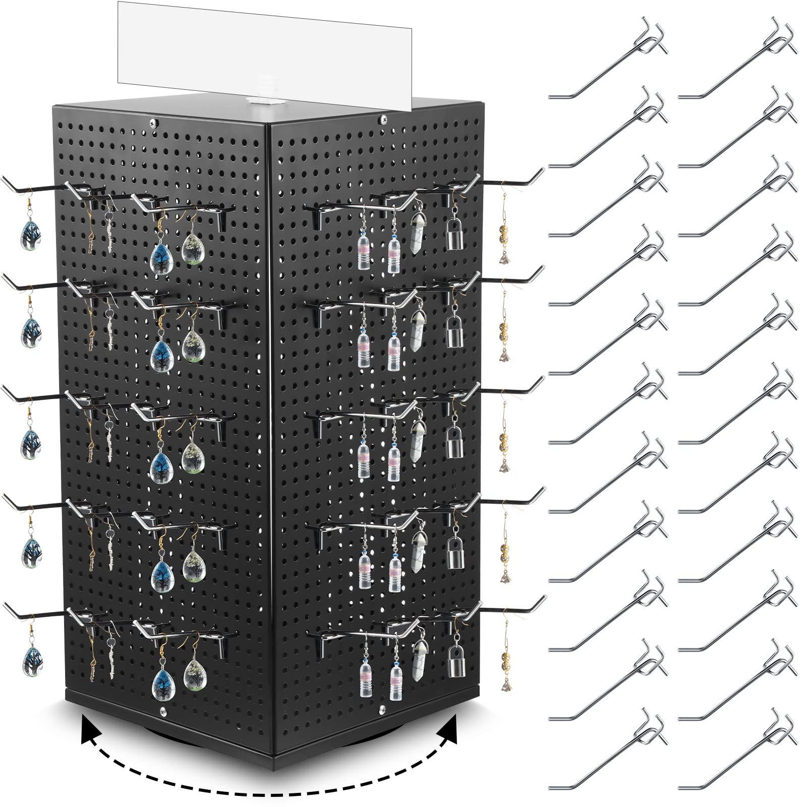 Pegboard Display with 50 Pegboard Hooks, 9.8 x 9.8 x 20.5 Inch Rotating Display Stand Display Racks for Craft Shows Pegboard Organizer with Peg Hooks for Jewelry Organizing Retail (Black)