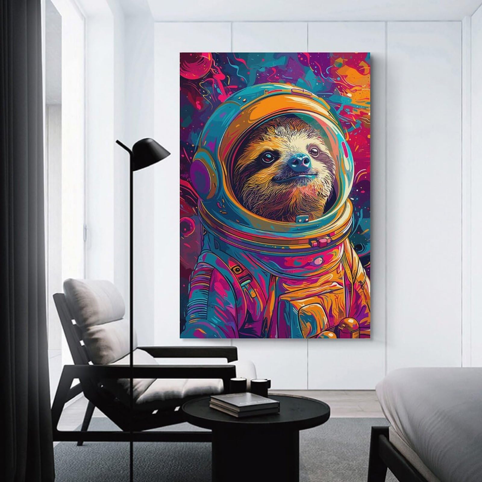 Junmoney Canvas Wall Picture Sloth Astronaut Space, 24x36inch(60x90cm), for Gallery Wall Decor And Room Displays, Decorative Artwork with Flexible Styling