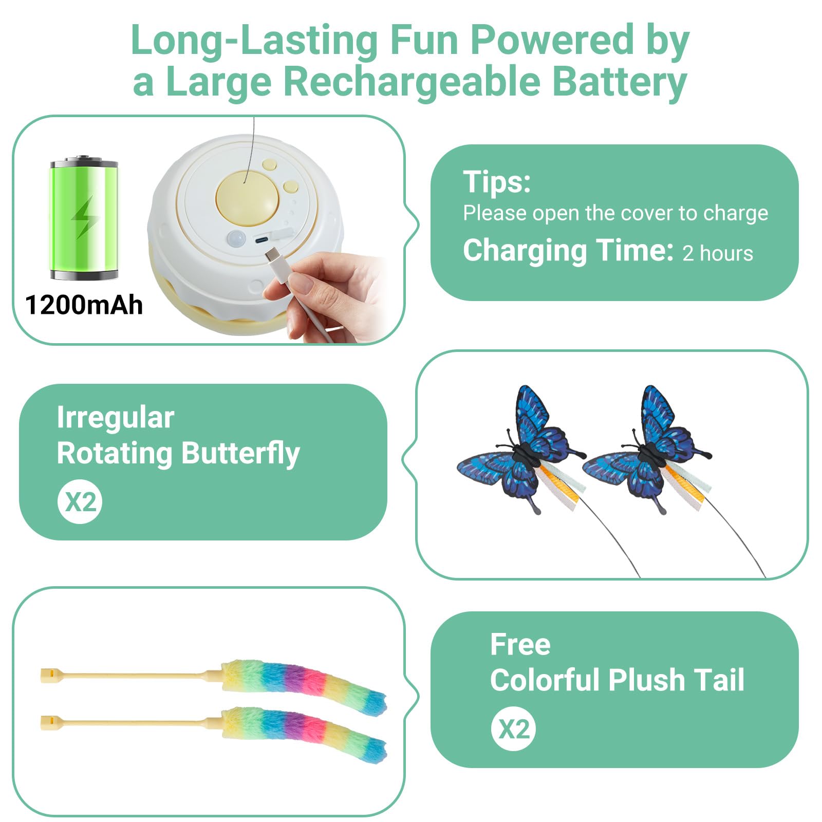 Interactive Cat Toy for Indoor Cats, Recargable Touch Activated Kitten Toy with Dual Motion Butterfly & Feather Tail, 3 Speed Automatic Smart Play for Ejercise & Boredom Relief