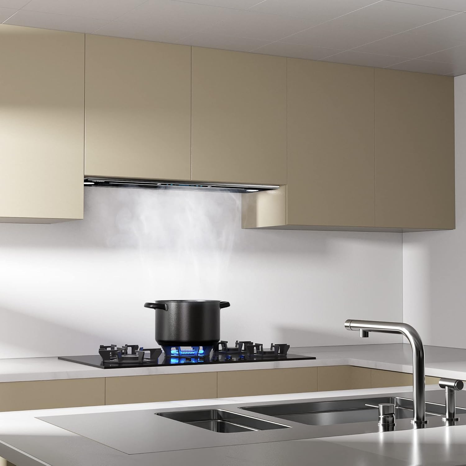 Diagram showing the dimensions and recommended installation height for the IKTCH range hood.