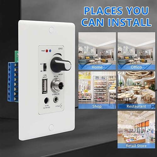 Miniatura 3 de Amplificador de pared compatible con Bluetooth 4 canales, control de volumen, placa de pared con entradas USBMICAUX (0.138 in) Bloque de terminales