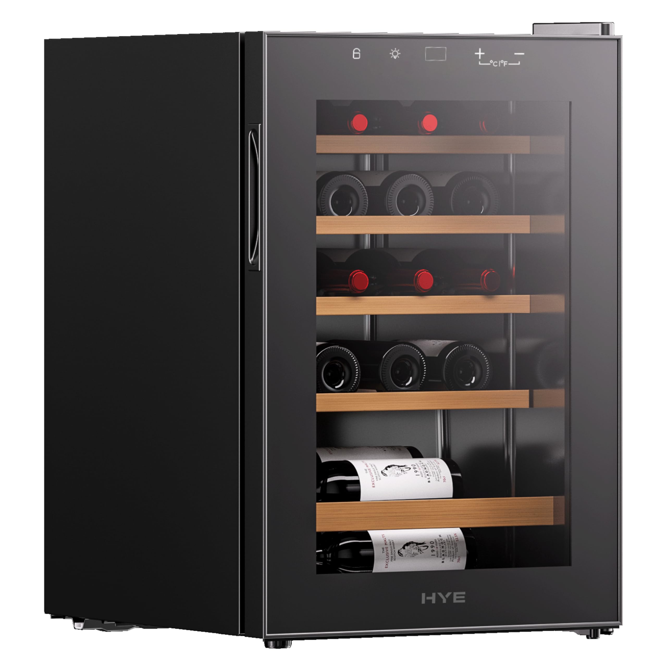 HYE Wine Cooler - Wine Fridge With 20 Bottle/62L Storage, 43CM Width, Wooden Shelves, LED Top Lighting, Temperature Range Adjustment, 40 dB Operation, Perfect For Enthusiasts - RF01WC20B31 — view 2